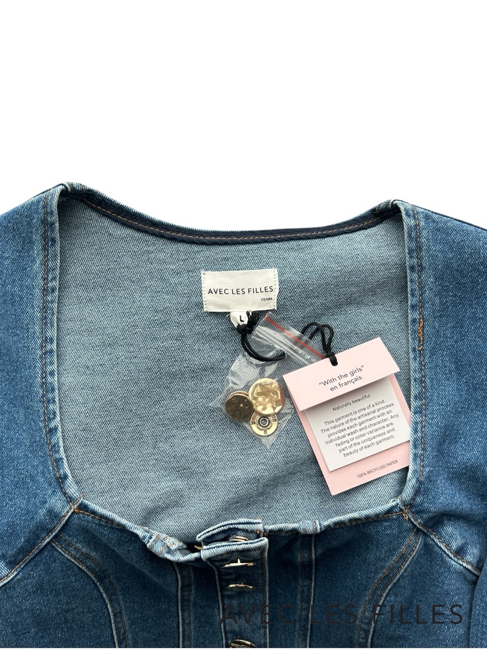 Avec Les Filles **NWT** Denim Puff Sleeve Square Neck Cropped Blue Jean Jacket - Picture 10 of 11